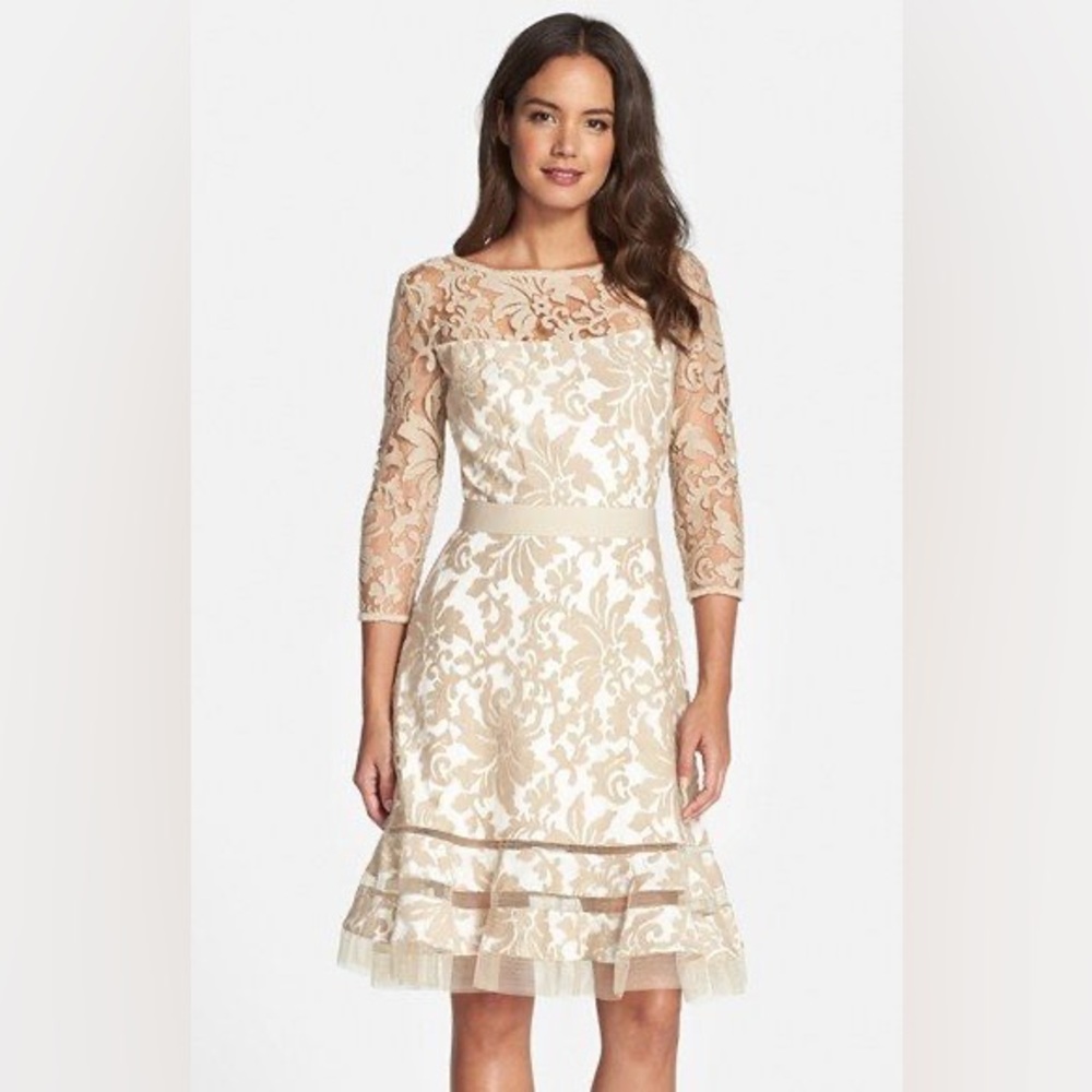 NWT Tadashi‎ Shoji Cream Floral Lace Dress Fit & Flare Women’s Dress 10 3K1147M
